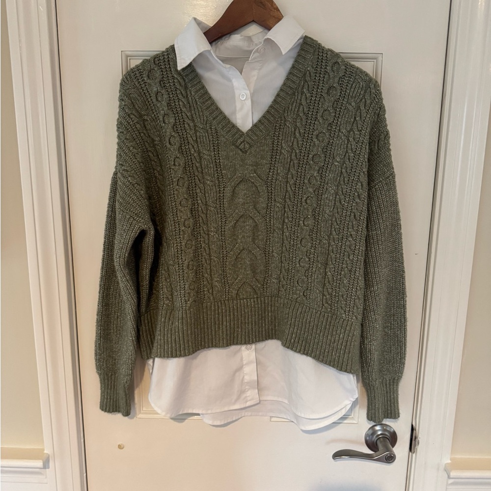 Rachel Zoe Layered Cable Knit V-Neck Sweater Shirt Combo Olive